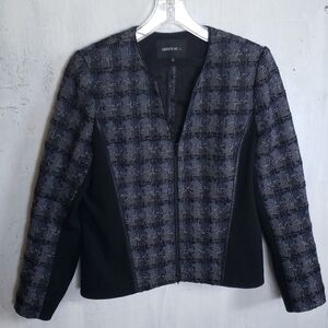 Lafayette 148 tweed textured full zip blue  black and metallic threads jacket 14